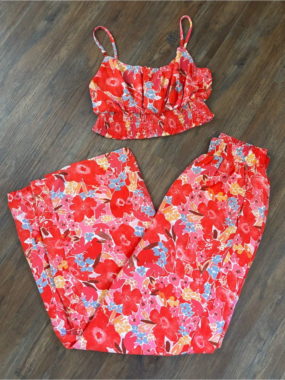 Pink Lily Red Floral Cropped Cami & Pants Set